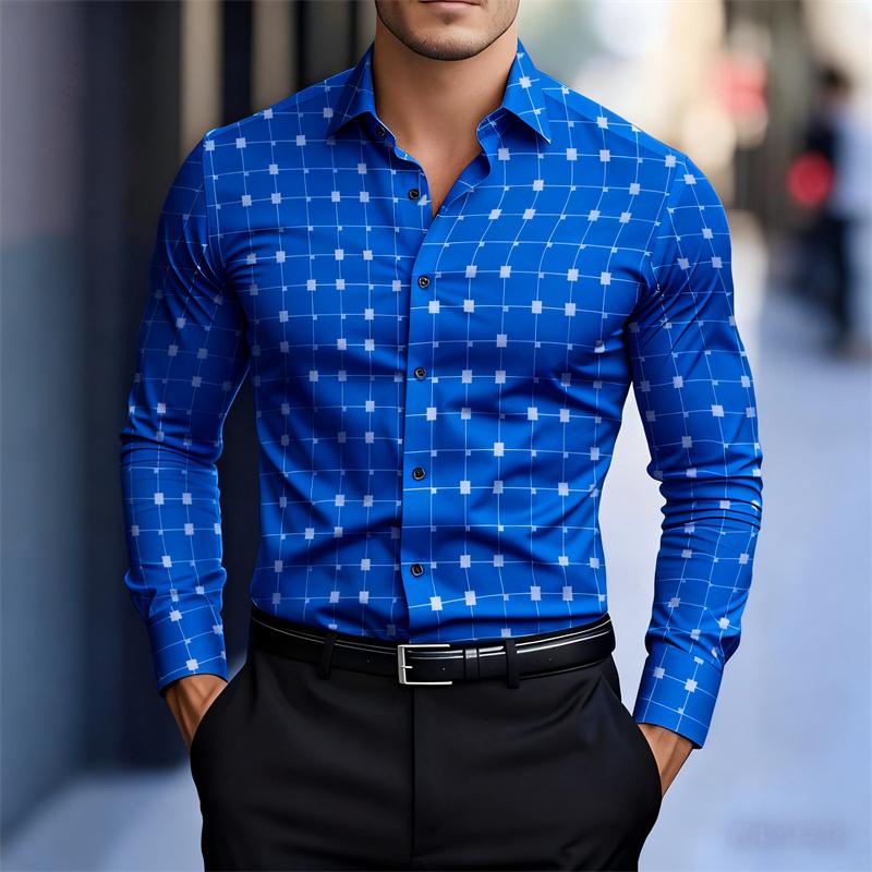 Men's Stylish Geometric Square Print Long-sleeved Shirt, Slim Fit Business Casual Shirt
