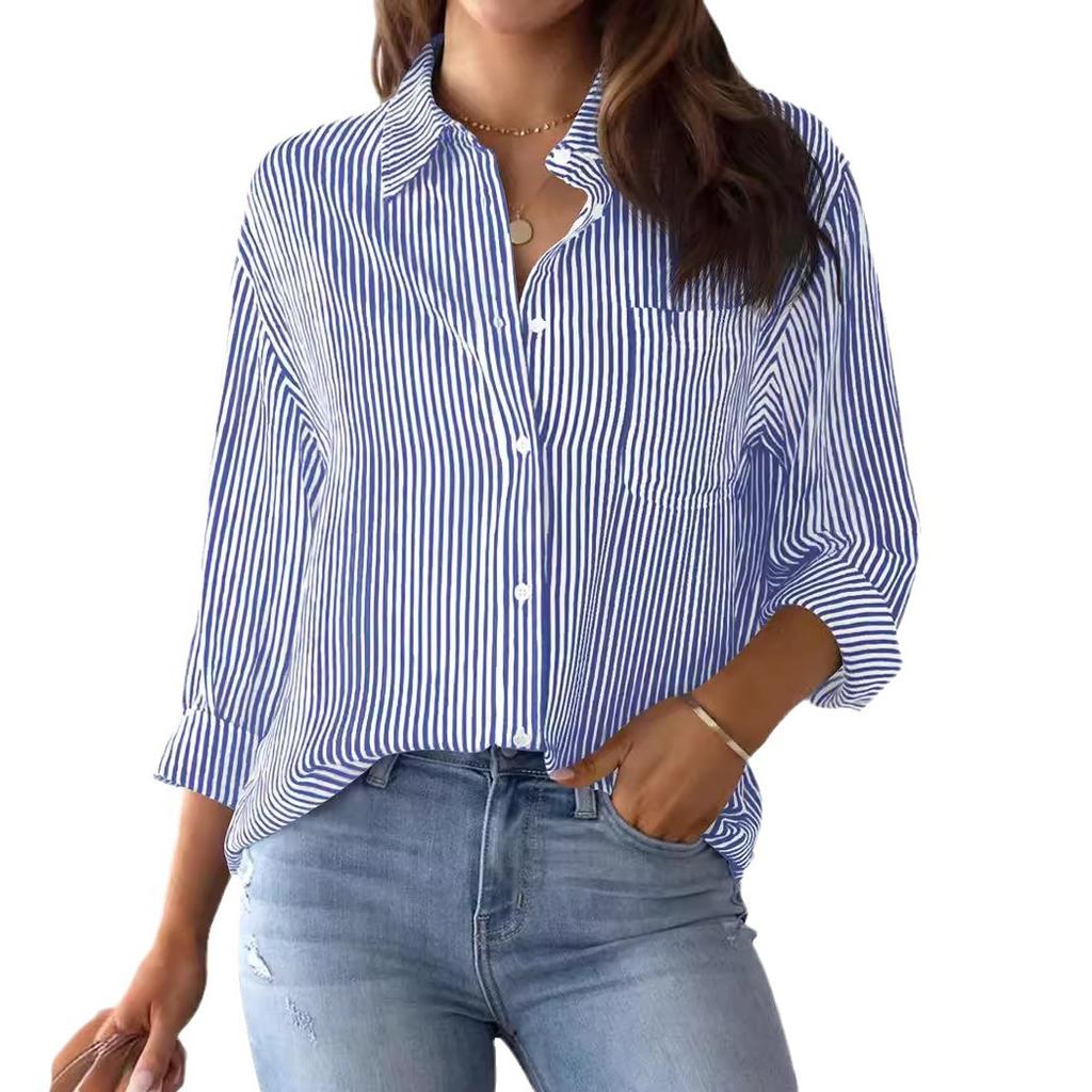 Womens Button Down Shirts Striped Classic Long Sleeve Collared Office Work Blouses Tops with Pocket