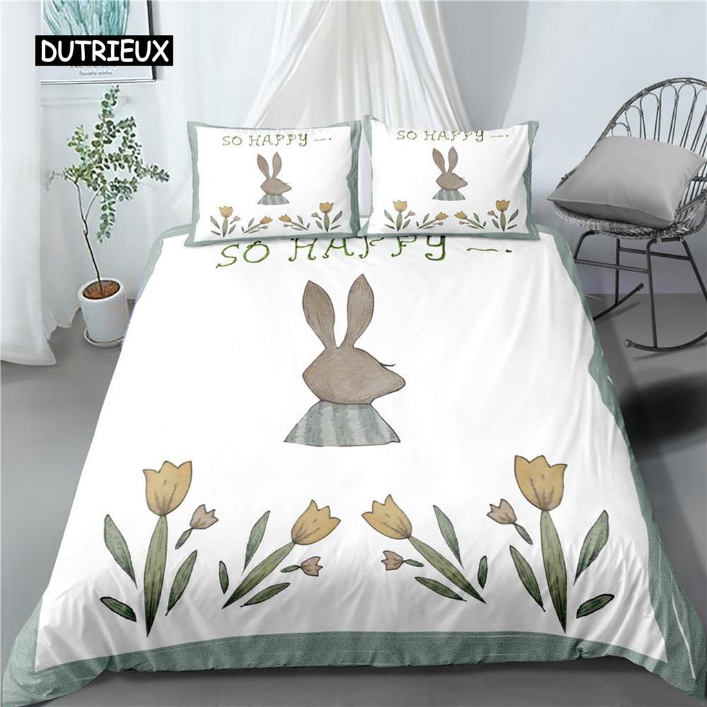 Zestaw Poszwy na Kołdrę Królik Biały Zajączek Wielkanocny Zestaw Pościeli Twin Poliester Motyw Zwierzęcy Cartton Queen King Pokrowiec na Kołdrę dla Dzieci Dziewczynek
