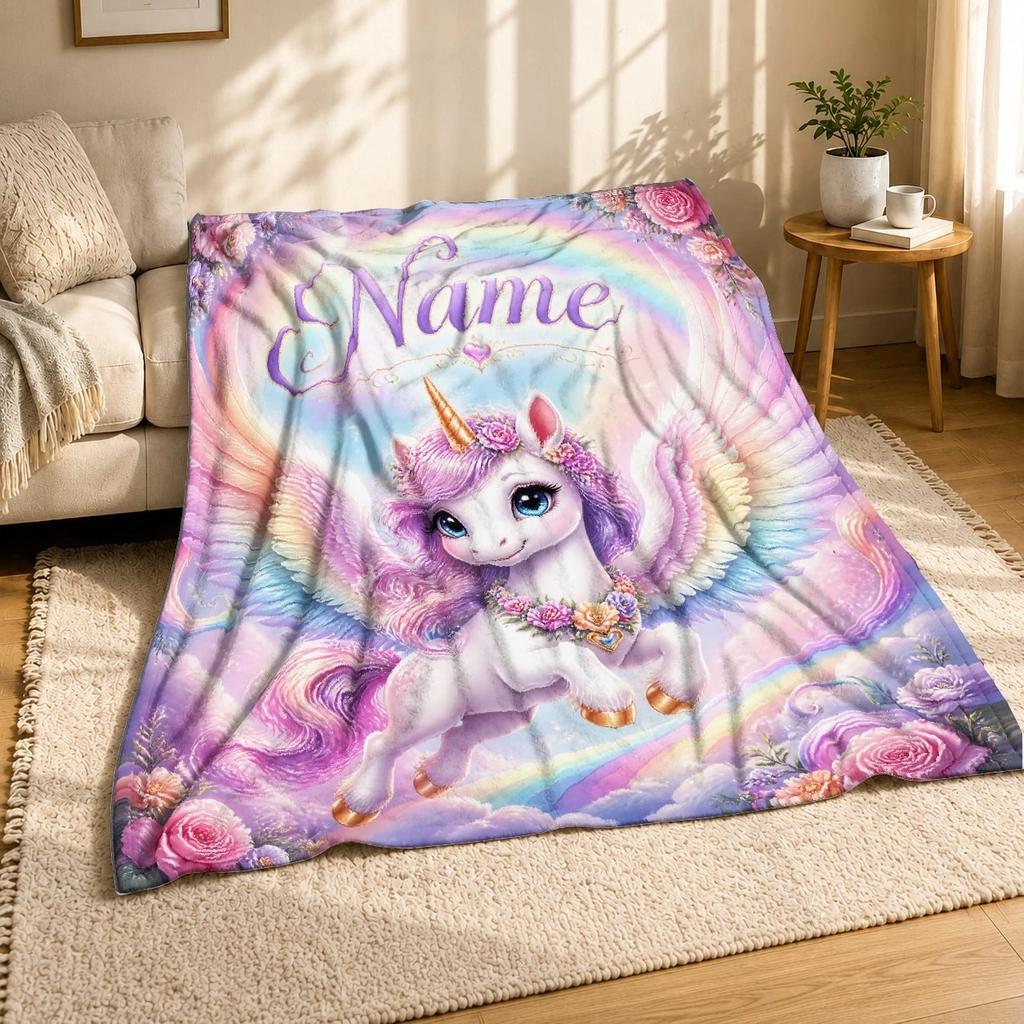 Name Unicorn Foal Coral Fleece Blanket Personalized Fantasy Decor