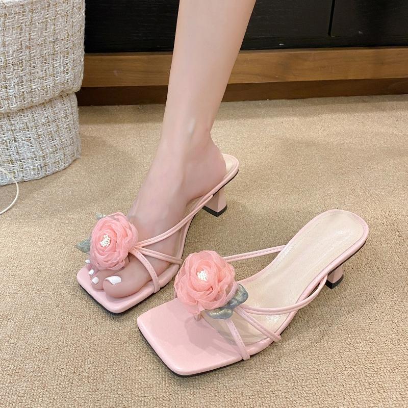 Fashion 2025 New Women's Shoes Small Square Toe Temperament Cool Drag Summer Wear High-end Slippers with Skirts and High Heels