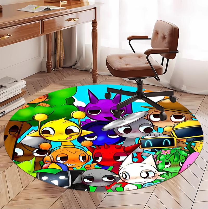 Sprunki Game Pattern Round Rug, Indoor/Outdoor Mat, for Picnic, Gameroom, Bedroom, Office, Living Room, Home Decor Carpet, Birthday Gift