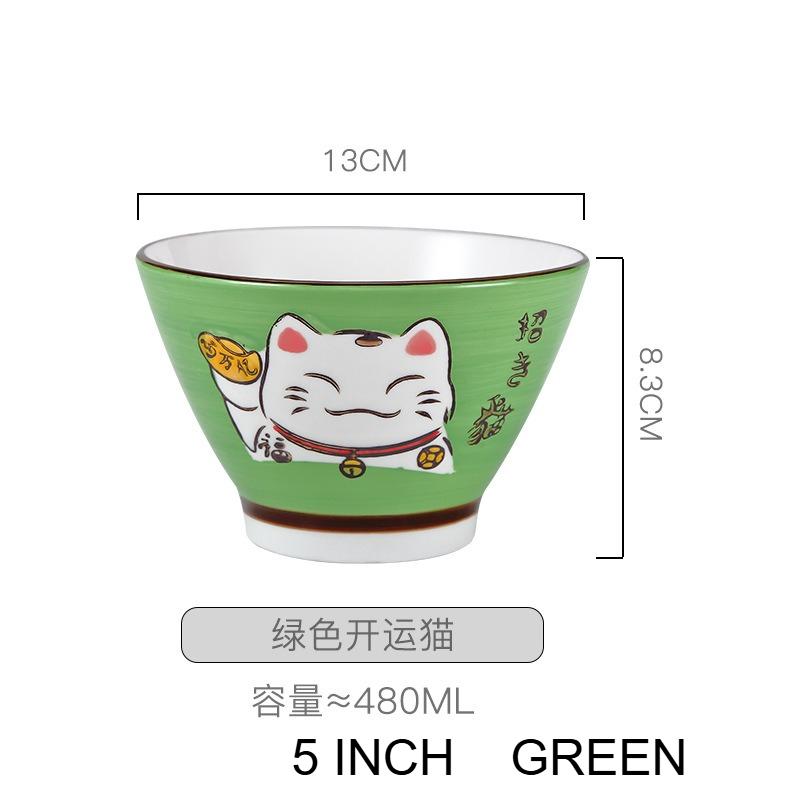 Japanese Ceramic High Bowl Multi-Sized Colorful Lucky Cat Soup Bowl Salad Bowl Underglaze Children Kitchen Household Tableware