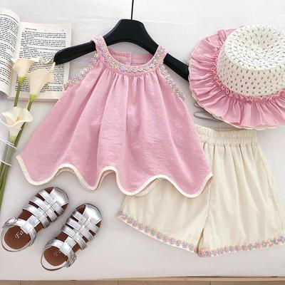 Summer Girls Sweet Asymmetrical Vest And Shorts Set Fashionable Two Piece Outfit For Kids Trendy Casual Wear