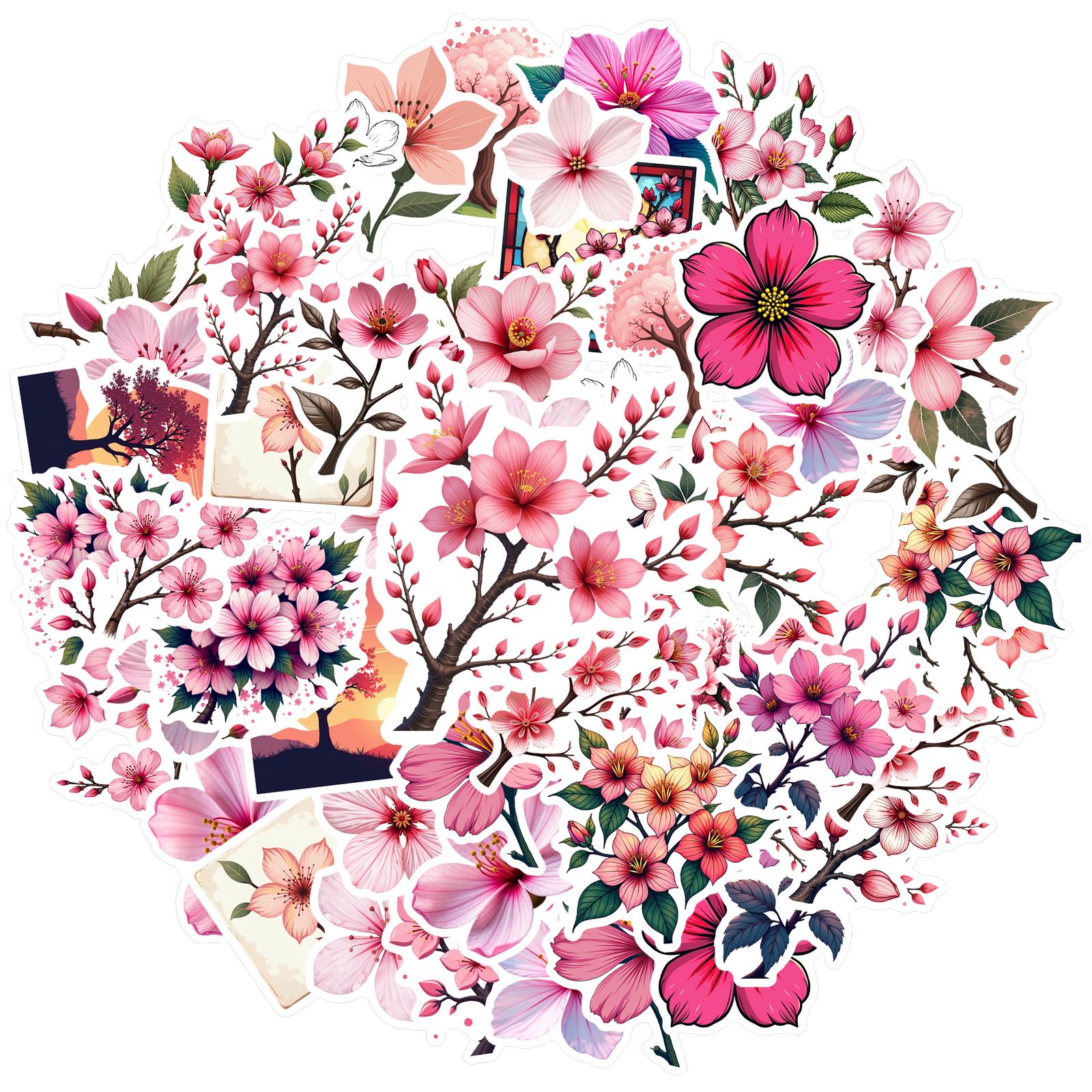 

35-50pcs Cherry Blossom Stickers Spring Summer Aesthetic Decorative Luggage Laptop Cup Phone Diary Graffiti Decals