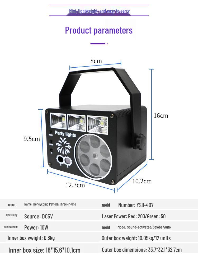 2026 Honeycomb Mini Laser Stage Light: Three-in-One with Dazzling Patterns, Seven-Color KTV and Strobe Effects