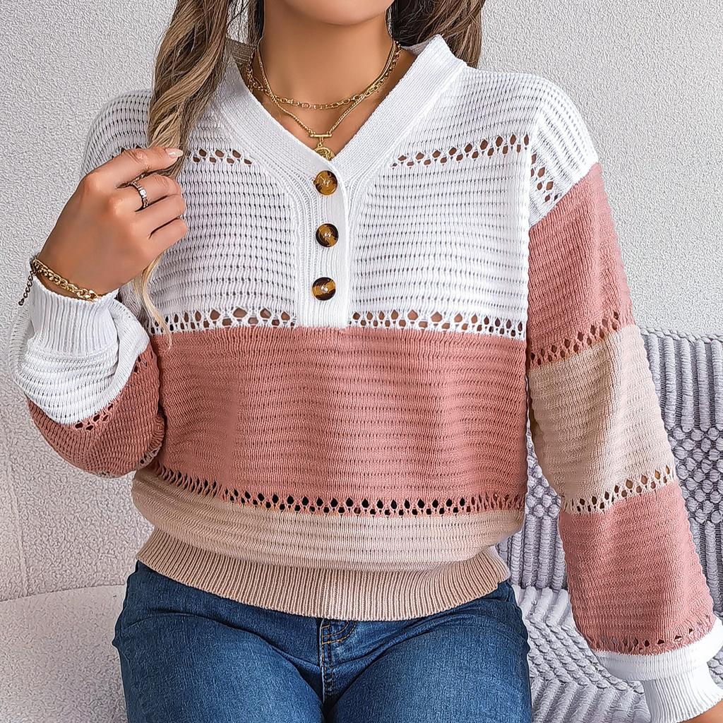 Autumn and Winter Casual Button V-neck Cut-out Color Lantern Sleeve Pullover Sweater Women's Wear