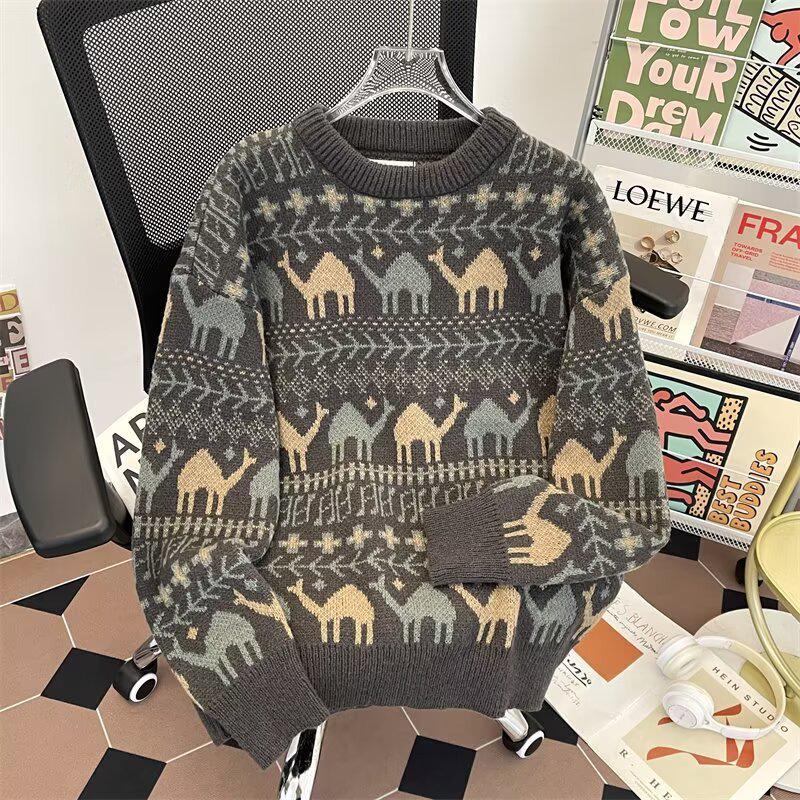 Pull Lâche Tricoté Style Japonais Rétro pour Homme, Col Rond Laineux Décontracté pour l'Automne et l'Hiver