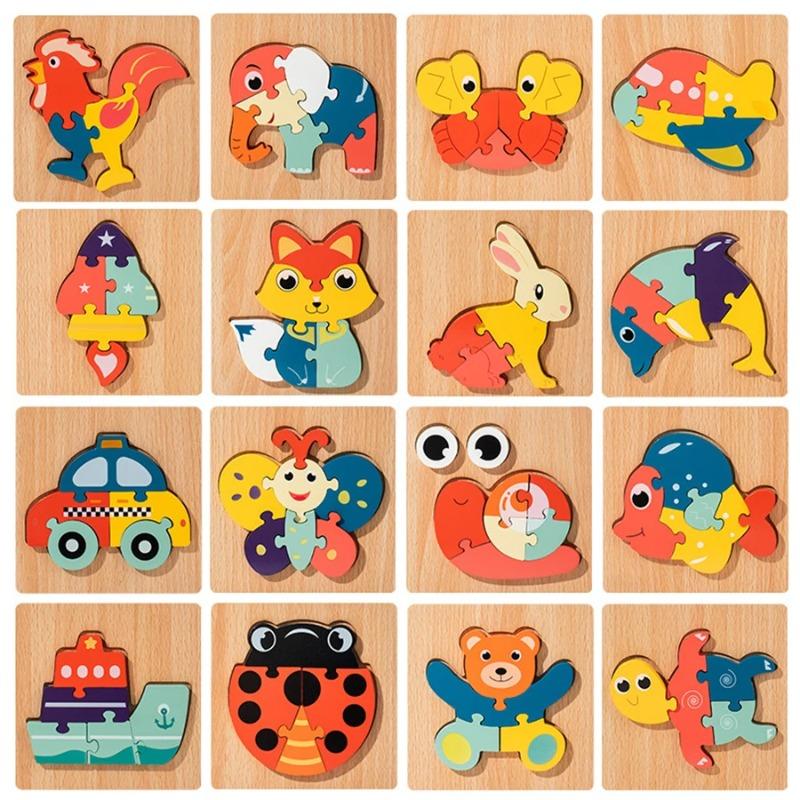 Vysoce kvalitní 3D dřevěné puzzle Dětské karikatury Dopravní zvířata Jigsaw Rané učení Poznávací hra Puzzle hračky pro děti