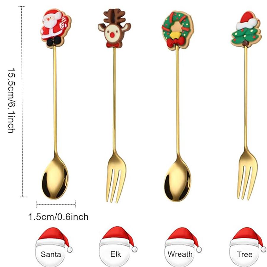 4Pcs Stainless Steel Christmas Coffee Spoon Forks Set with Exquisite Paper Box Stainless Steel Gold Xmas Dinner Tableware