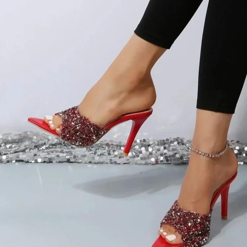 Sequin Slip Flops  Summer New Style Thin Heeled High Heeled Outwear Fashion Sandals Women's Shoes
