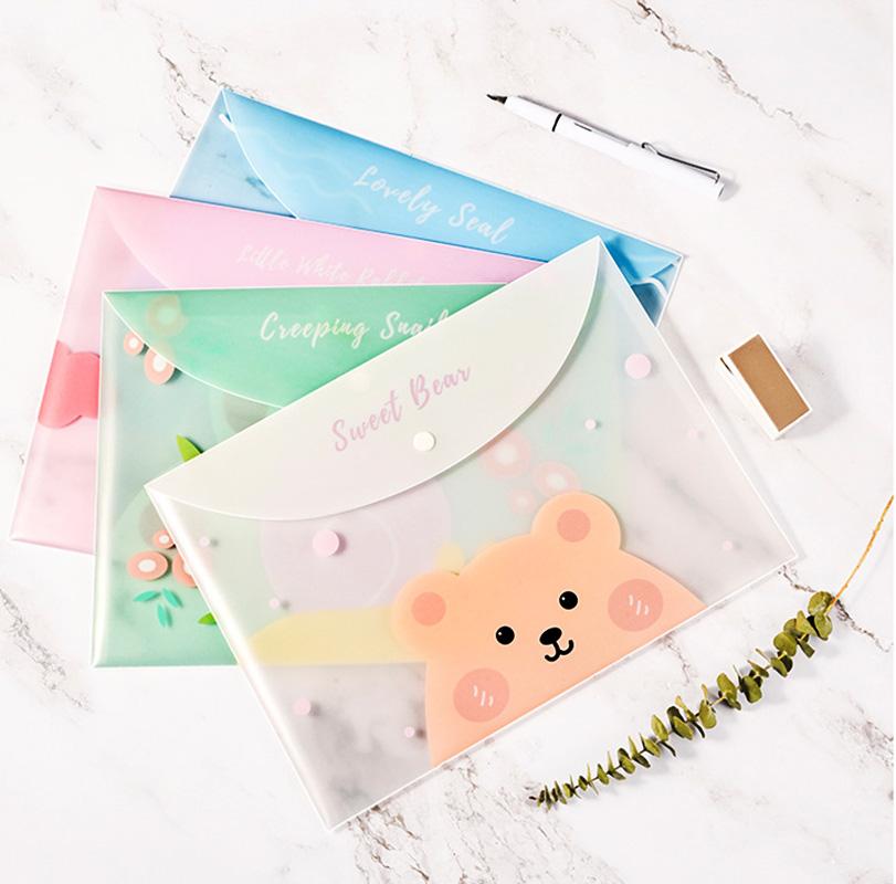 4pcs File Bags For Document Cute Cartoon File Holder Snap Button PVC Folder Pen Box Office Information Bag Student Stationery