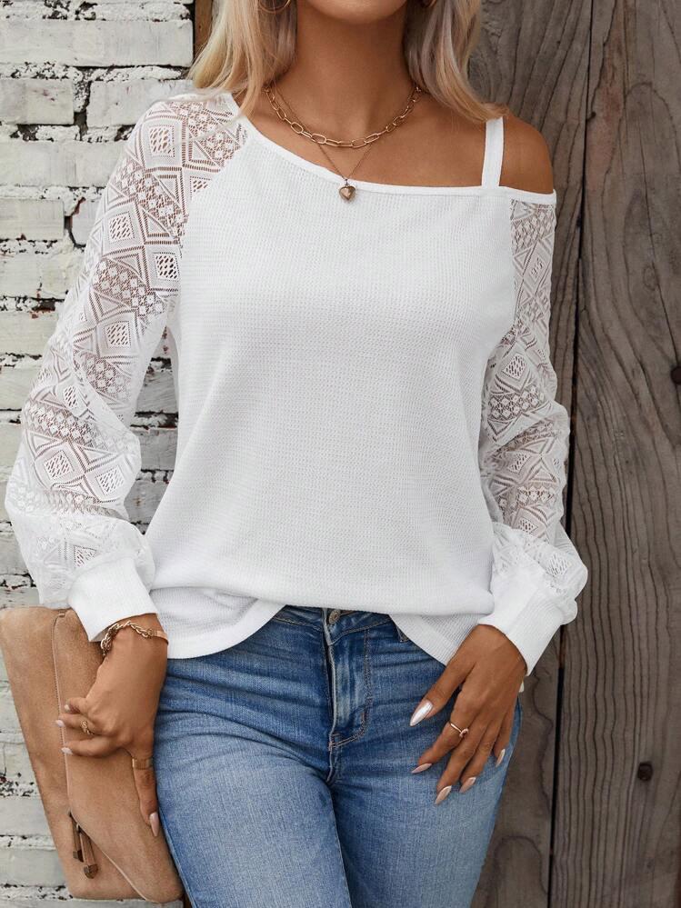 Women S White Lace Spliced Off Shoulder Long Sleeve T Shirt S