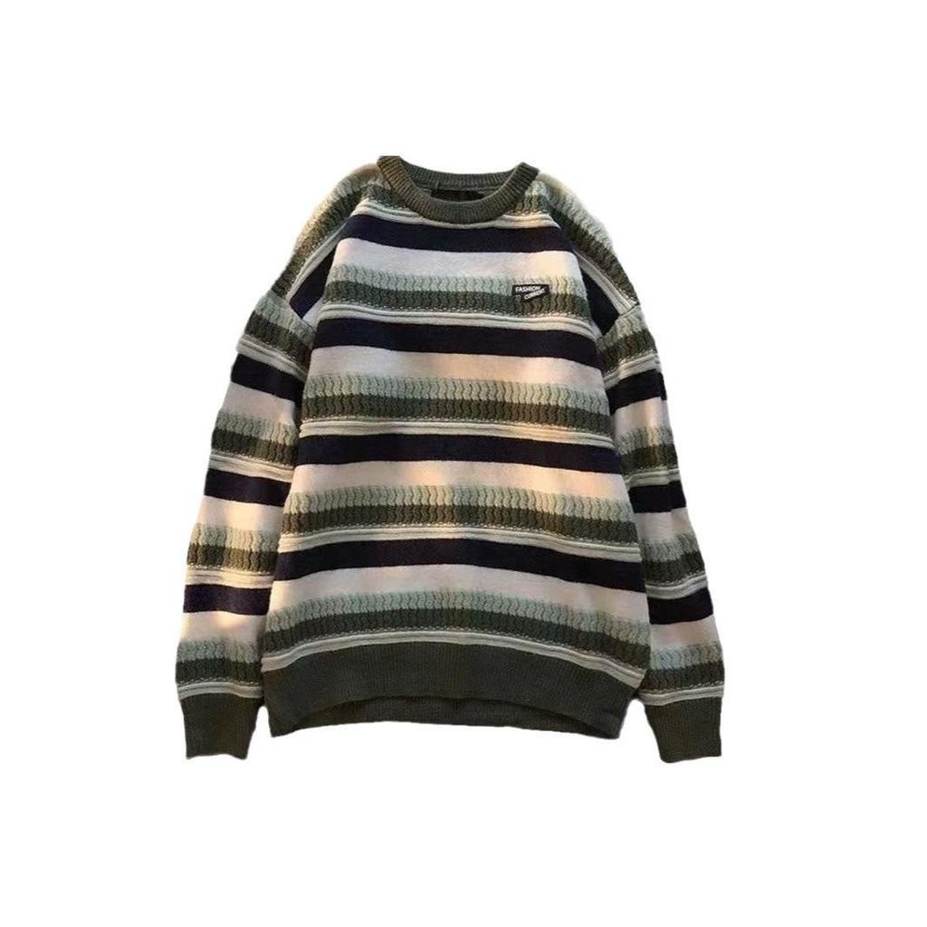Unisex Striped Crew Neck Knitted Sweater - Autumn/Winter Trend, Hong Kong Style, Loose Fit, Versatile and Cozy.