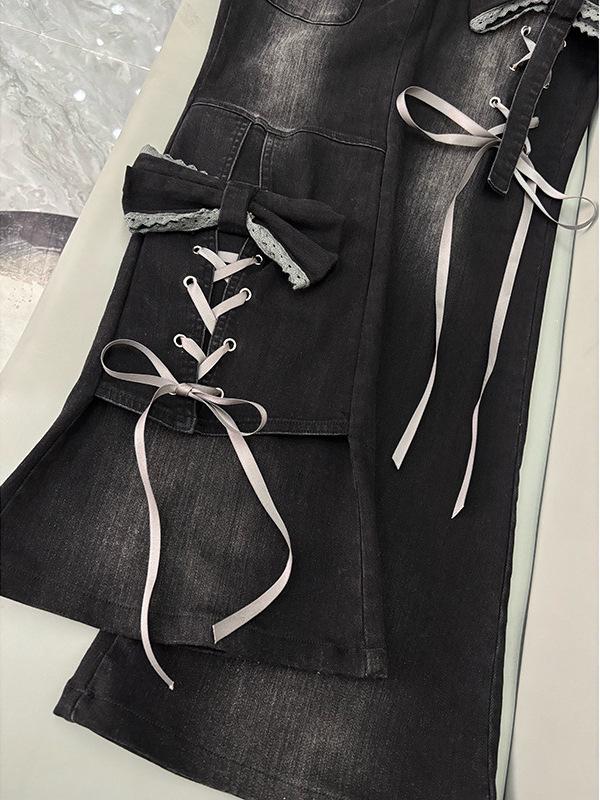 Hot Girl Black Bow Tie Lace-Up Flare Jeans - Women's Micro-Flare Winter Design 2025