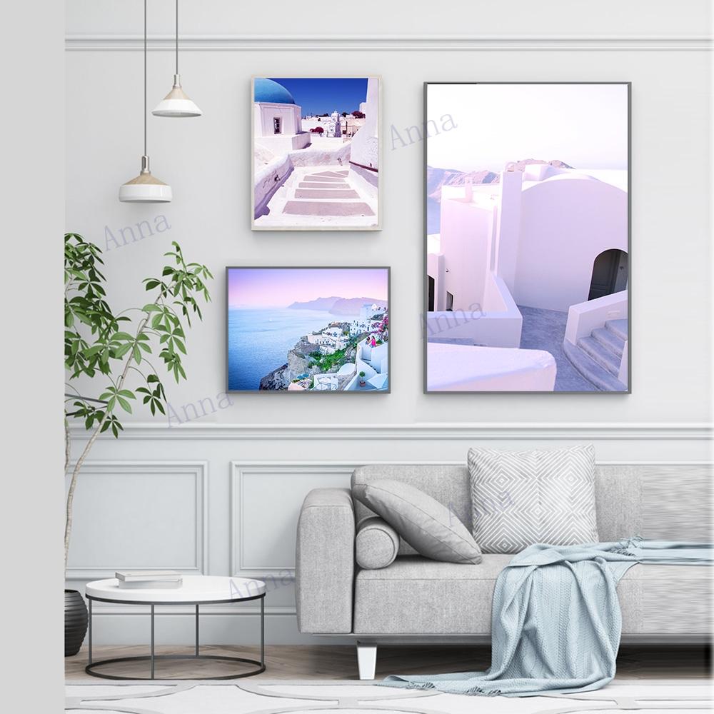 Greece Santorini Pink Ocean Wall Art Canvas Painting Sunset White Coastal Posters And Prints Wall Pictures For Living Room Decor