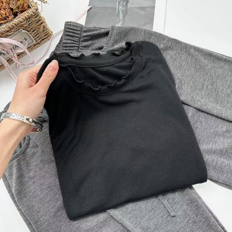 women ruffle trim crew neck t-shirt three-quarter sleeve casual loose fit solid color summer top