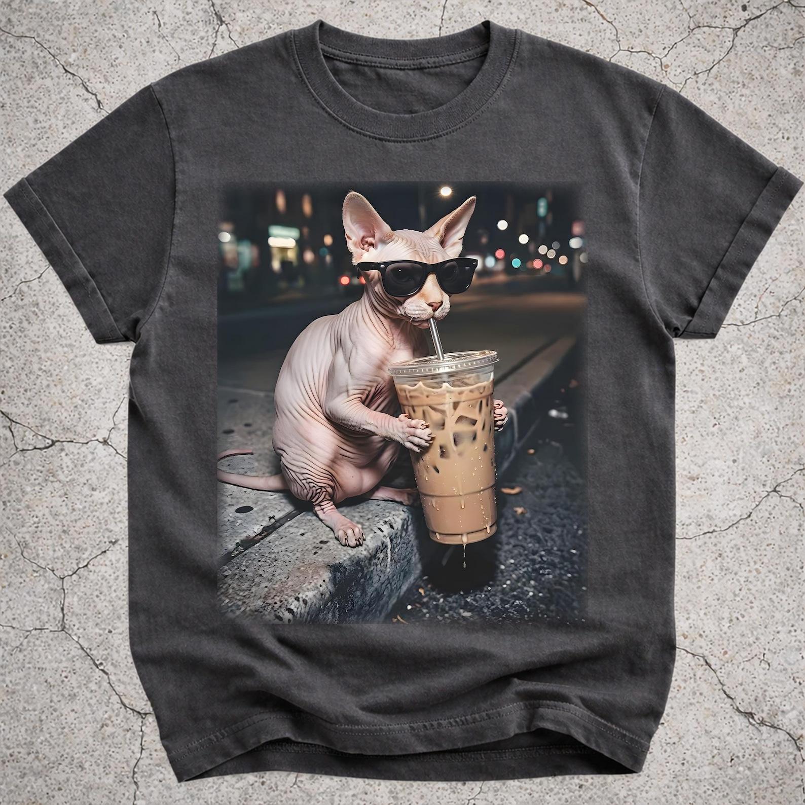 Funny Sphynx Cat Drinking Iced Coffee Shirt, Cat Mom Gift, Animal Meme Tee L