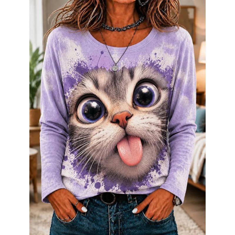 Fashion Women's Crew Neck Long Sleeve 3D Casual Color Printing Casual Long Sleeve Crew Neck T-Shirt