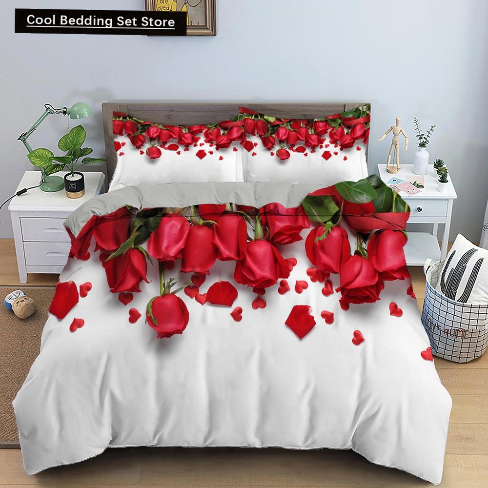 Red Rose King Queen Duvet Cover Romantic Flower Bedding Set Valentine's Day Quilt Cover Couples Floral Polyester Comforter Cover