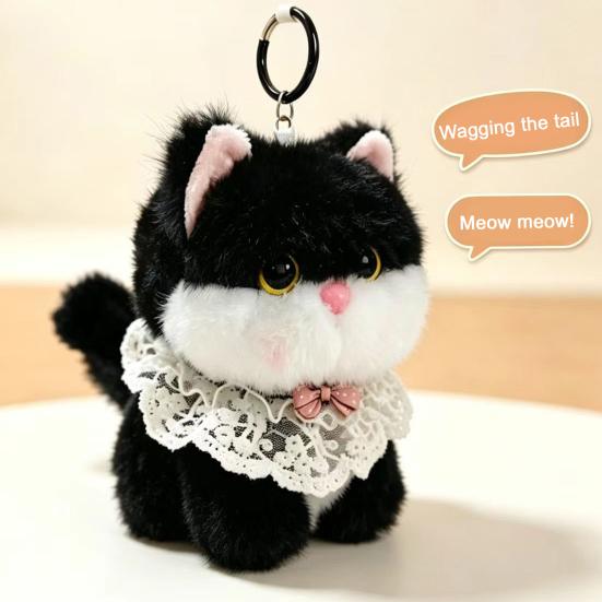 Portable Hanging Plush Pendant Interactive Cat Keychain, Wagging Tail & Meowing Kitten Soft Plushie with Sound Metal Clip, Cute Bag Charm, Comfort
