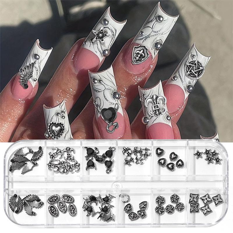 12-Grid Box Chrome Alloy Dark Heart & Pentagram Nail Art Rhinestones