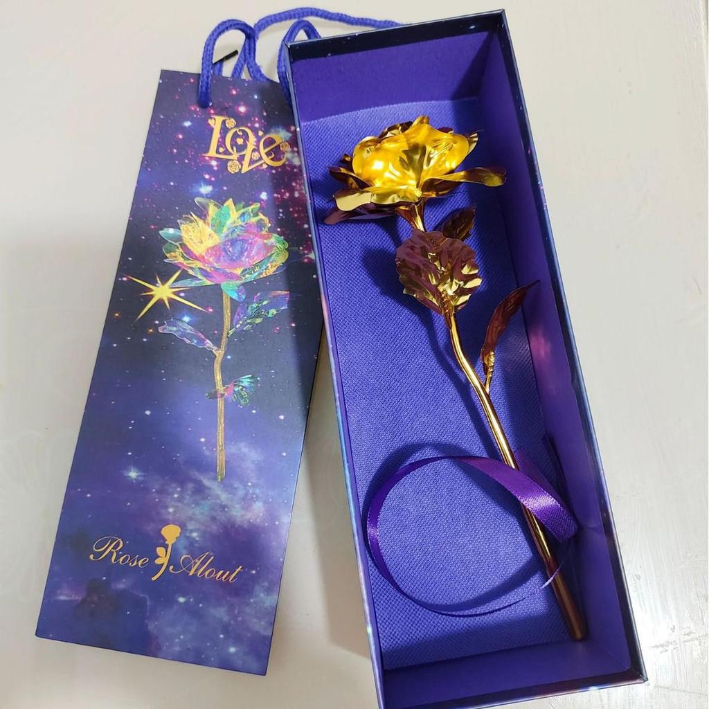 24K Gold Rose with Gift Box: Luminous Single Gold Foil Gilded Rose for Chinese Valentine's Day