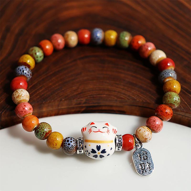 Süßes Glückskatzen-Armband für Frauen und Mädchen, verstellbar, bunte Perlenarmbänder, chinesischer Stil, Keramik, Katzenanhänger, Armband, Schmuck