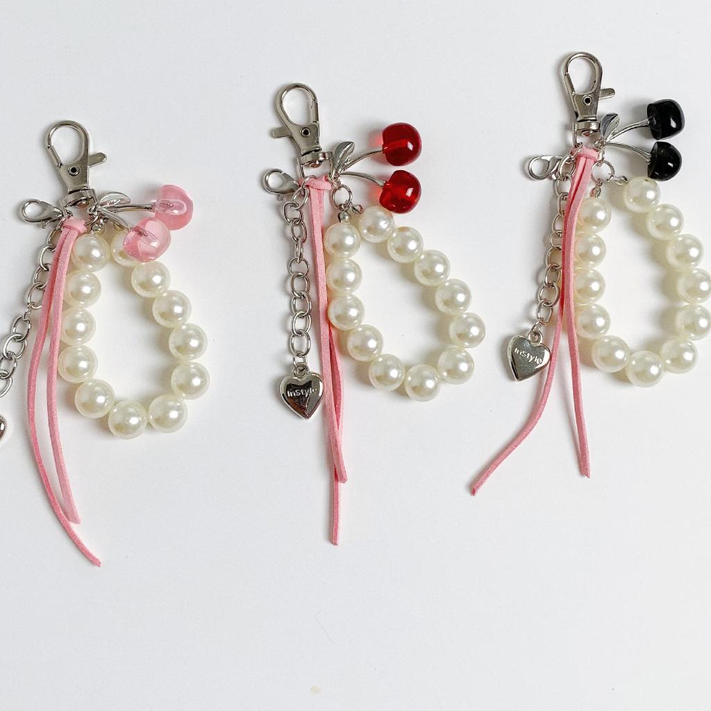 Fashionable Cherry Pearls Key Ring For Handbag Decoration Women Girls Daily Use Jewelry Accessories Keychain