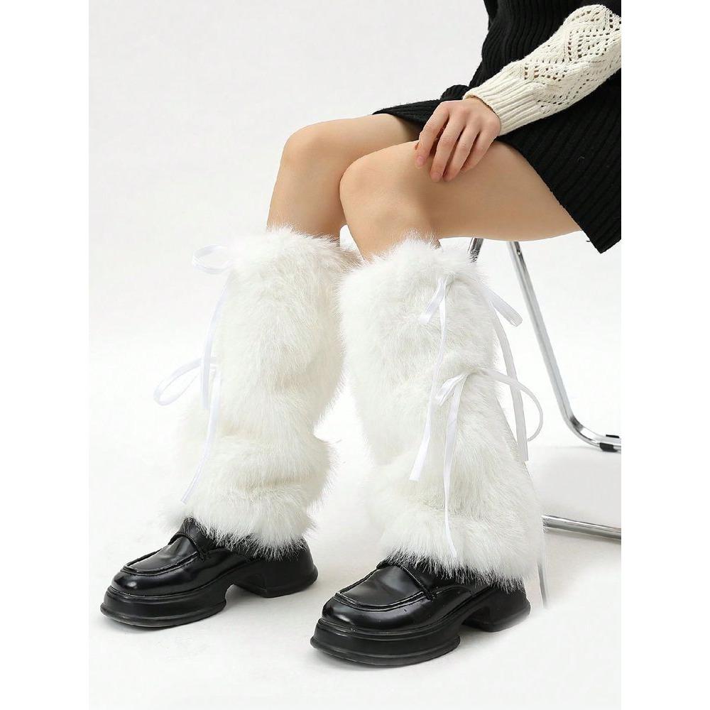 Women's Leg Warmers Autumn and Winter Warm Fur Plush Calf Socks with Bowknot Faux Fur Socks Mid-Tube Stacked Socks Boots