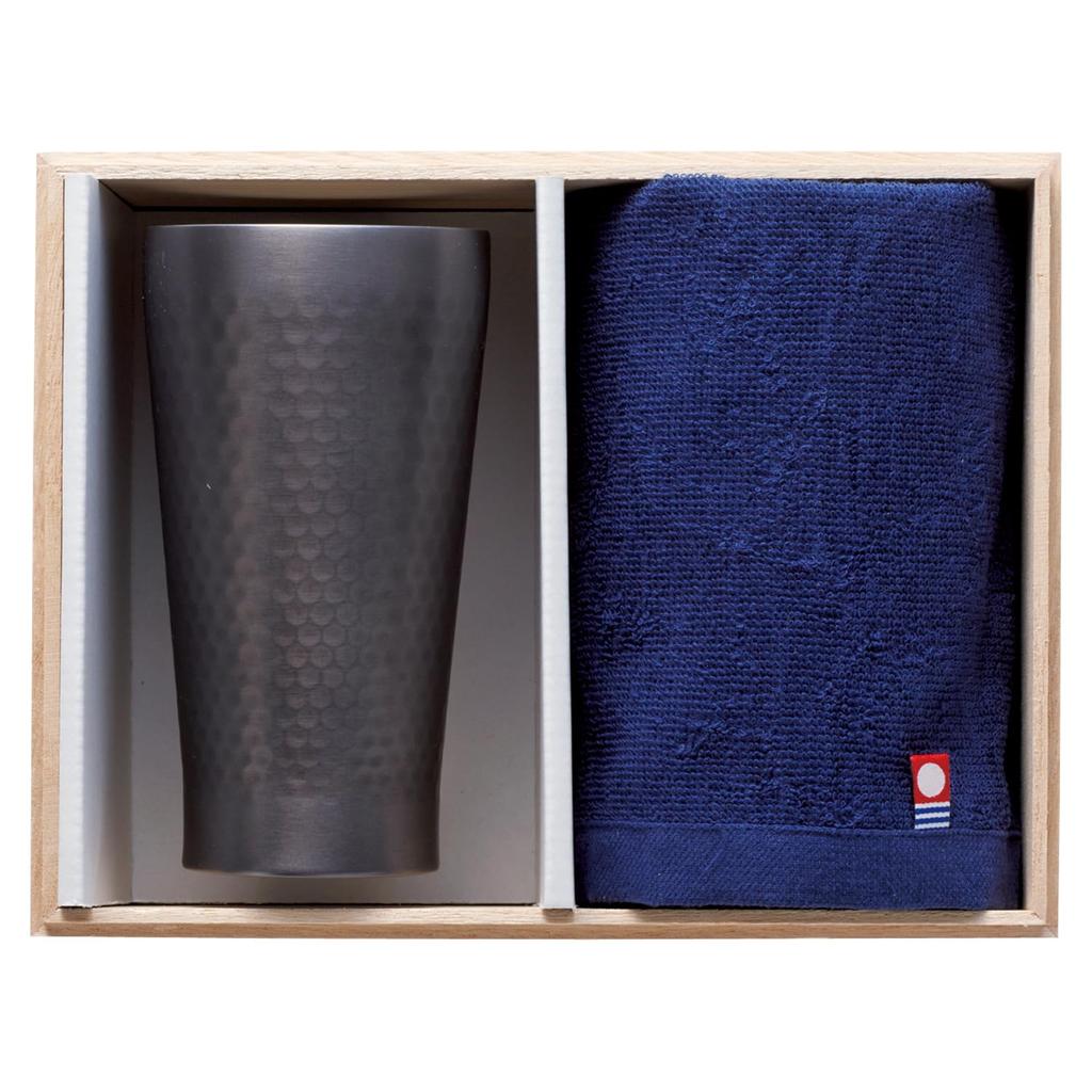 Dolce duo Tumbler and Imabari Towel Set, Gift Set in Wooden Box, Perfect for Men, Birthdays, or as a Celebration Gift (AM-1744)