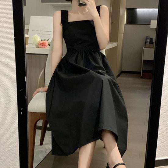 Čtvercový výstřih Bez rukávů Jednobarevné Zúžené v pase Letní šaty Sladké Elastický ramenní popruh Rozšířený velký lem Šaty na ramínka Streetwear