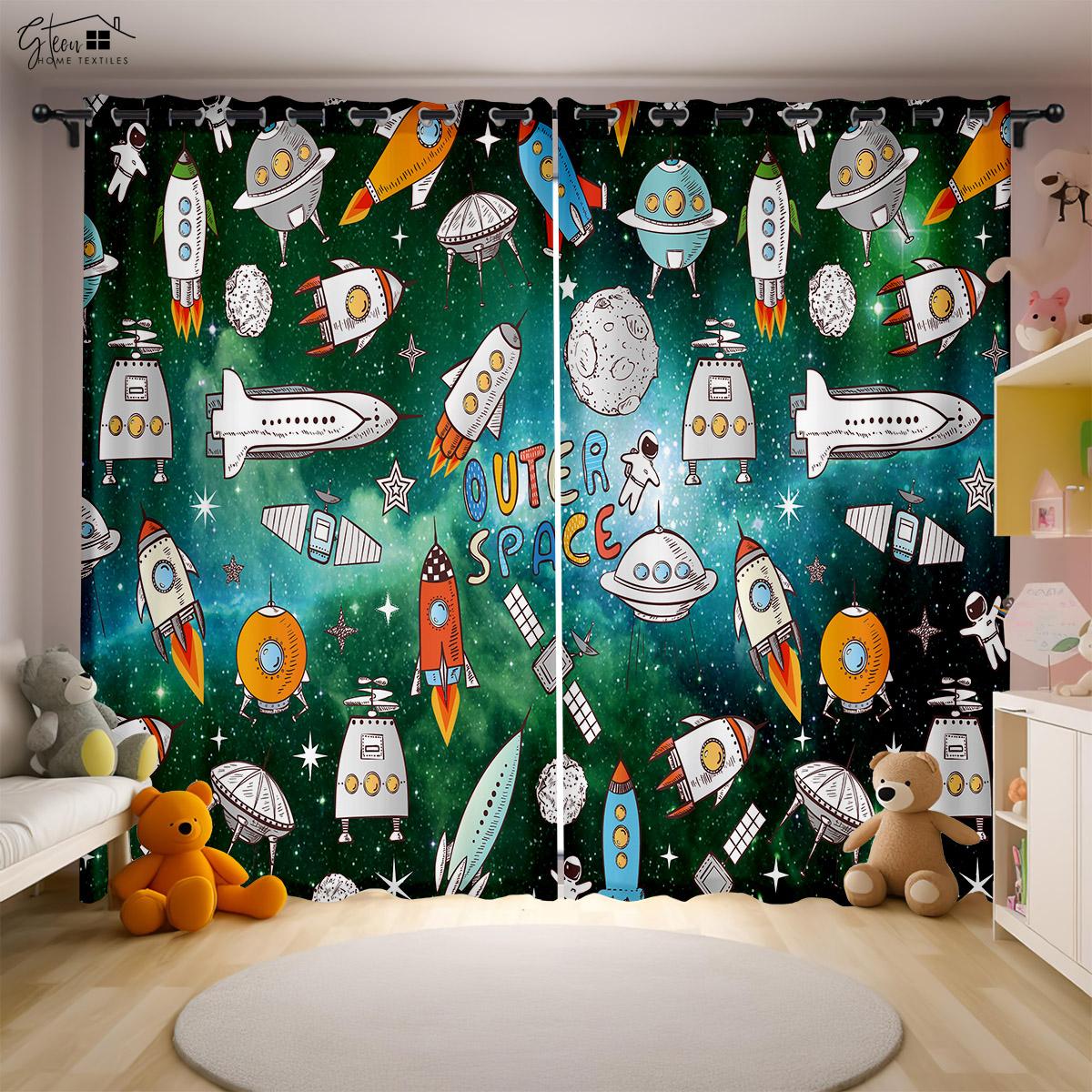

Шторы «Мультяшная вселенная» Космонавт Космический корабль Ракета Планета Спальня Гостиная Детская комната Шторы с 3D-печатью W50xH130(CM)x2PCS&Rod pocket