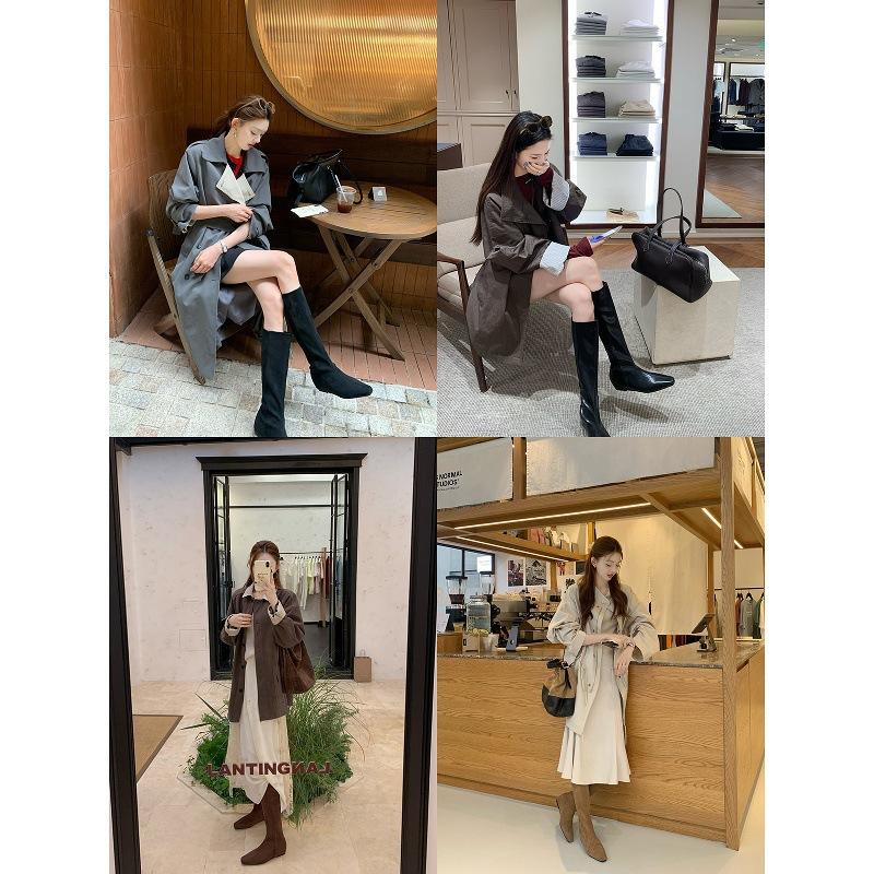 Cowhide Edition~ Suede Small Inner Height Increasing Boots Women's Skinny Boots Square Head Knight Boots Versatile High Boots