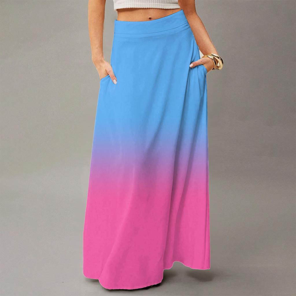 Damen Lässig Freizeit Faltbar Farbverlauf Druck Hohe Taille Mit Tasche Drapierter Entspannter Langer Maxi Rock