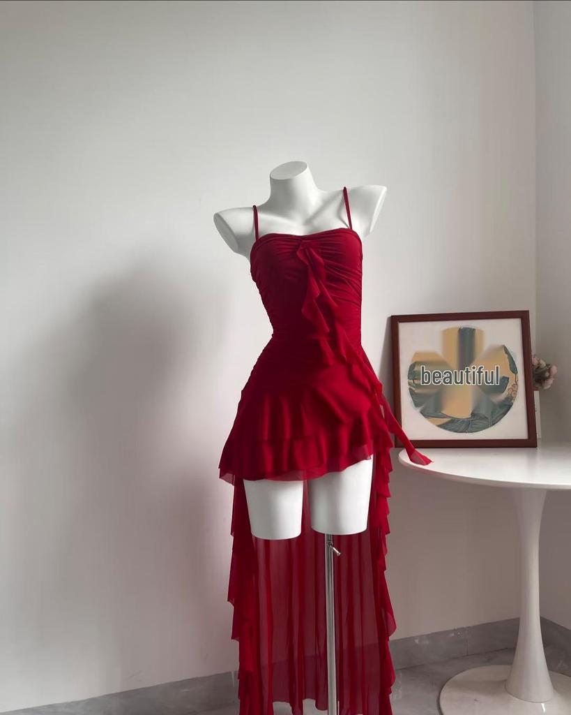 French-inspired Ruffle Spliced Camisole Dress - Women's Summer Slimming Irregular Long Dress