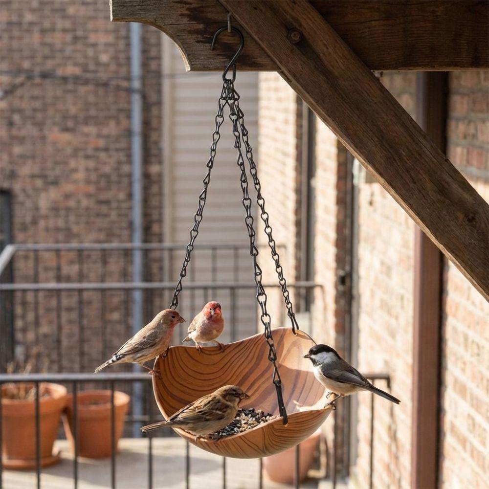 Retro Style Wood Grain Bird Feeders Thickened Iron Chains Open Bowl-shaped Bird Watering Device Plastic S Hooks