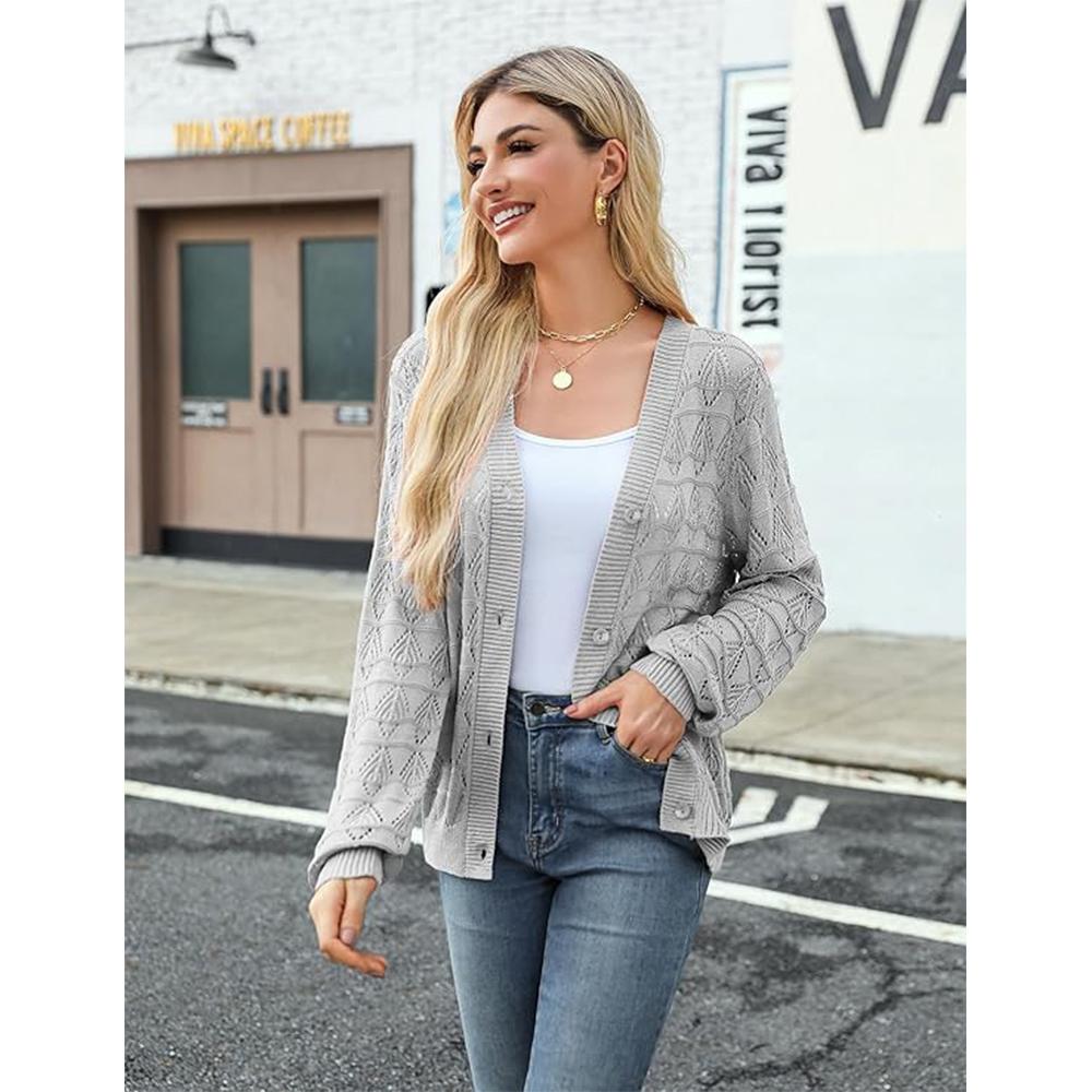 Dámský lehký háčkovaný zkrácený kardigan 2025 s výstřihem do V, dlouhým rukávem a bolerkem na knoflíky
