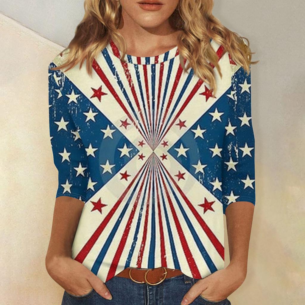 T-shirt Top Décontracté Tendance pour Femme Imprimé Drapeau Américain et Étoiles Fête de l'Indépendance Manches Trois-Quarts Col Rond