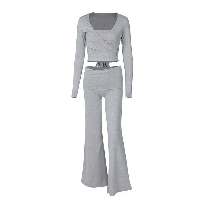 

European and American New Casual Sexy Square Collar Top + Micro-Pull Casual Pants Two-Piece Sexy Crop Top and Gray M