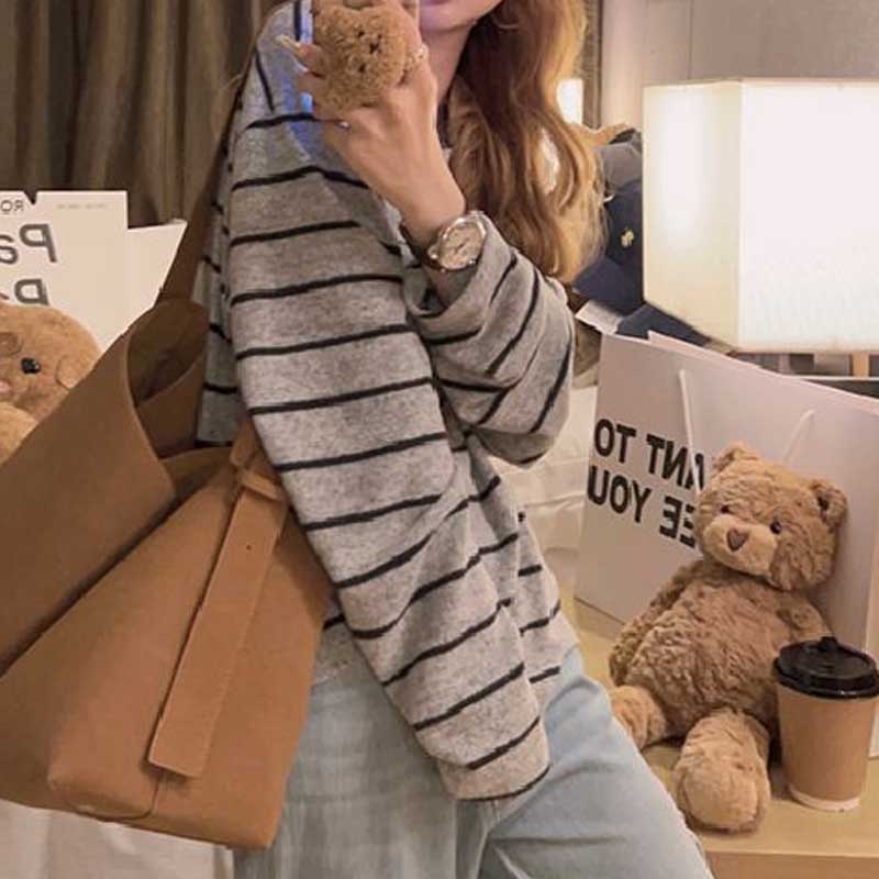 Casual Striped T-Shirt Women Long Sleeve Loose Fit Blouse Autumn Winter Basic Korean Long Sleeve Top Spring O Neck Simple Basic Tee Shirts