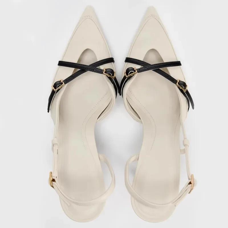 Fashion Original Designer High Heels Women Sexy Pointy Toe Cross Buckle Strap Decoration Heeled Sandals Summer Slingbacks White Pumps