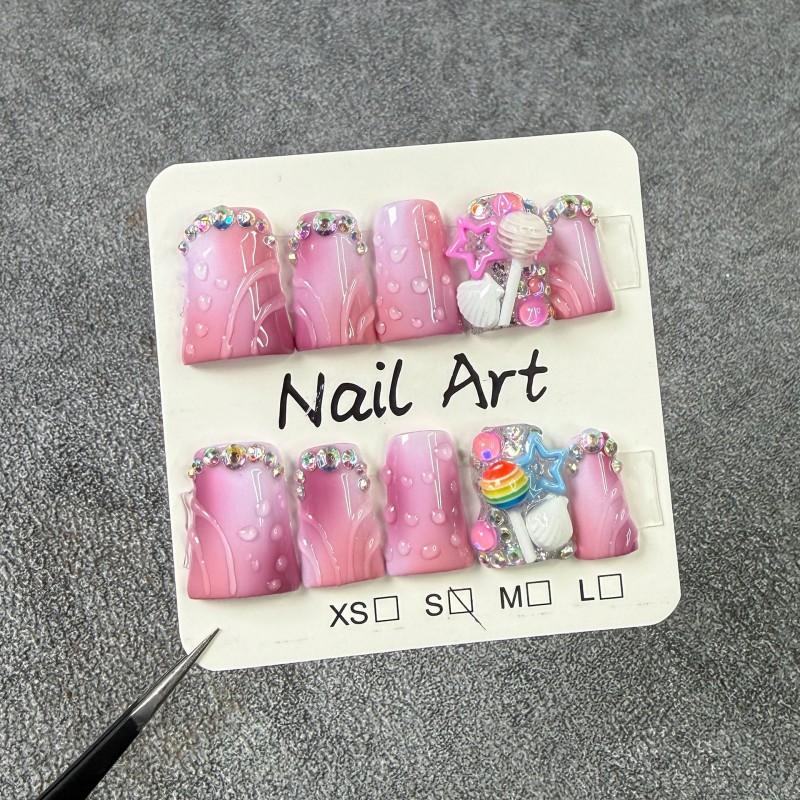 Sweet Pastel Gradient 3D Embossed Press-On Nails Short Duckbill Style Women Teens DIY Manicure Small