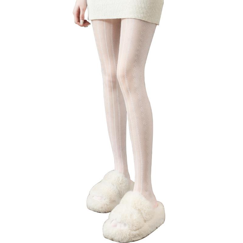 Women's Black Stockings for Spring and Summer, Thin Style with Side Lace Jacquard, White Pantyhose with Vertical Stripes, Black Stockings That Are