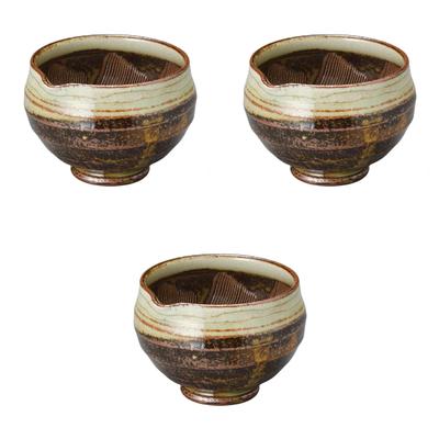 Set of 3 Clay Comb Carved Round Surin Bowls X Ceramic Made In Setomonohonpo 3.5-inch One-Cut [10 7cm] Mortars, Japan,
