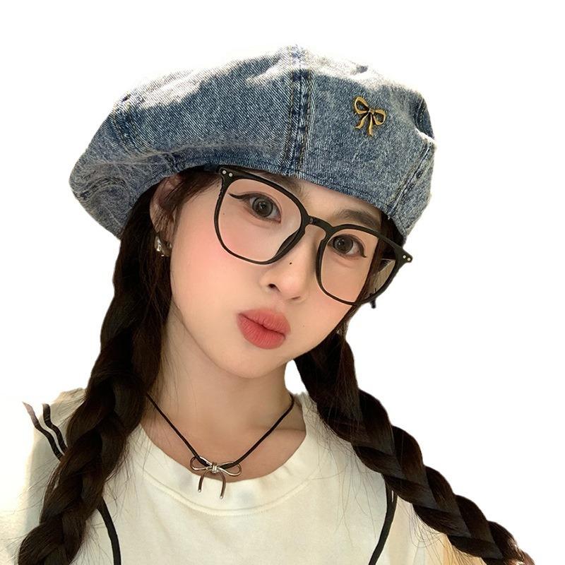 Bow denim beret women's retro big head circumference cloud painter hat showing face small bud star anise hat