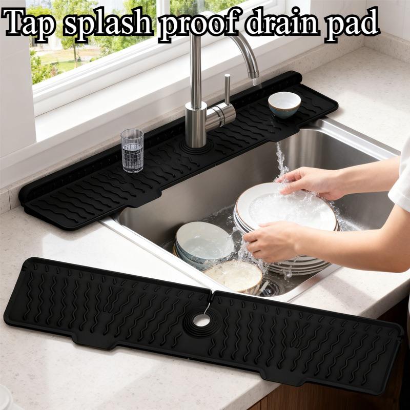 

1-Piece Black Wavy Pattern Long Food-Grade Silicone Draining Mat for Kitchen and Bathroom, Faucet Splash-Proof Sink Mat, Long Strip, Foldable, L&Rectangular