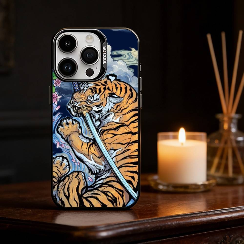Japanese Ukiyo-e Tiger Phone Case For iPhone 17 16 15 14 13 12 11 Pro Max Plus Silver Matte Black Cover