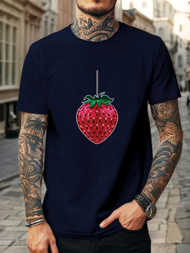 Unisex Crew Neck Cotton T Shirt Hanging Red Strawberry Print Short Sleeve Tops Loose Minimal Casual Summer Tees For Young Male