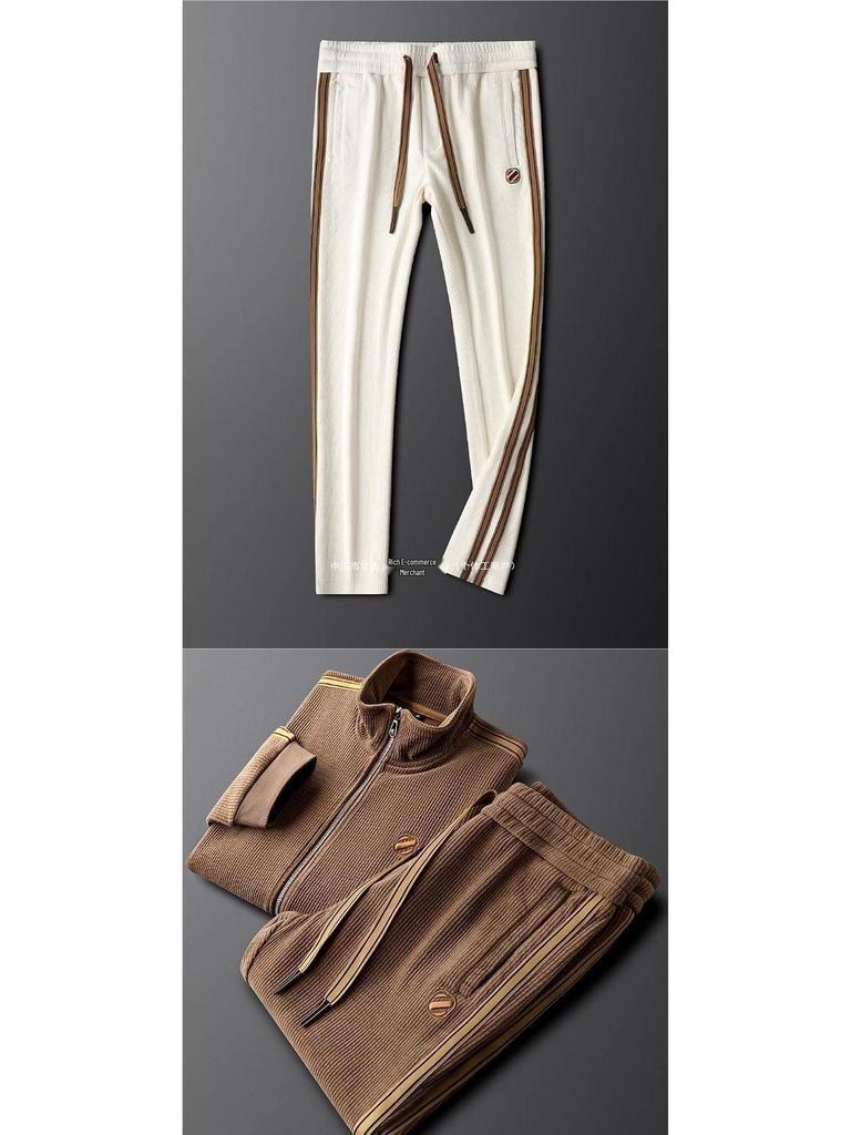 Men's Trendy Slim Fit Casual Sports Suit: Warm, Solid Color, Striped Two-Piece Set with Jacket & Straight-Leg Pants for Fall/Winter